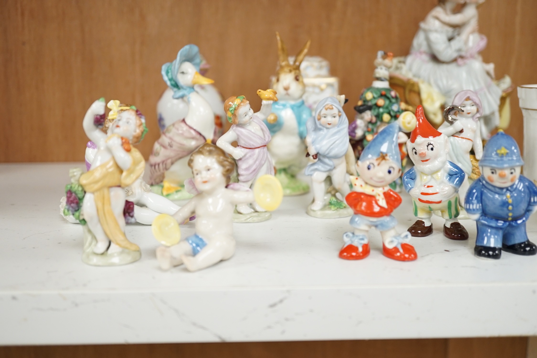 A small group of various porcelain figures etc. including Beatrix Potter and continental porcelain